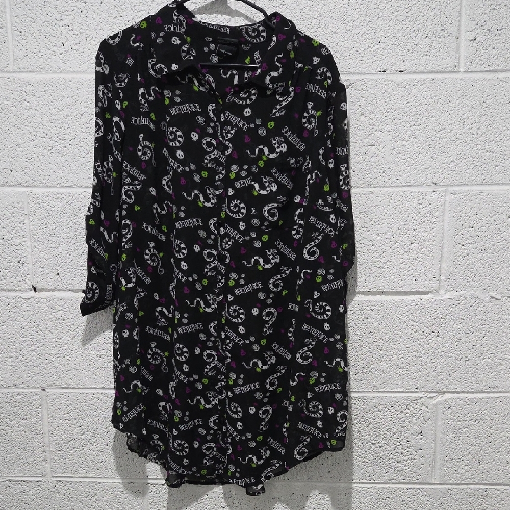 Black Graphic Print Button-Up Shirt BeetleJuice